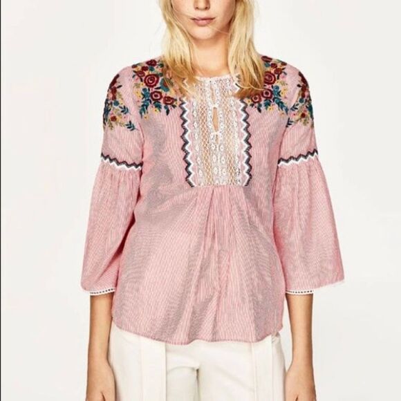 Zara Tops - ZARA red & white striped & embroidered bell sleeve blouse women’s size small